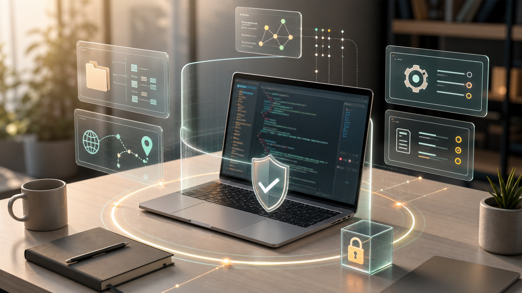 A laptop with abstract code panels behind a security boundary and shield, representing enterprise review of an AI coding tool.