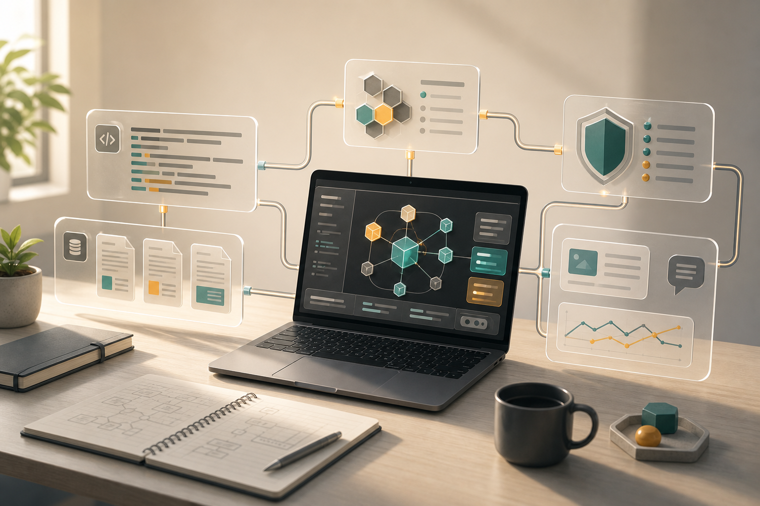 A laptop connected to glass-like workflow panels for code, documents, model routing, security review, and publishing feedback.